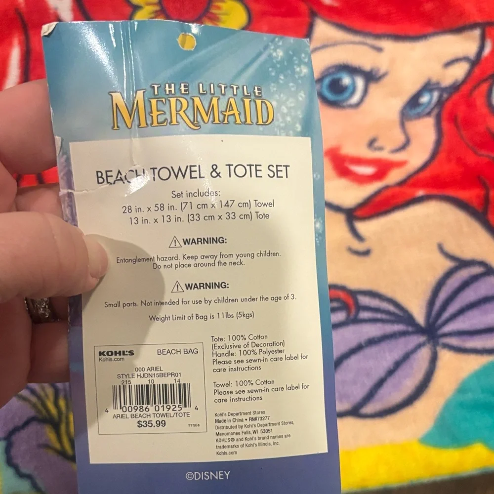 Kohl's The Little Mermaid Ariel Beach Towel Tote - Red, Purple, Teal NWT